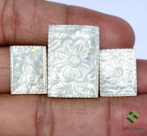 Natural Mother Of Pearl Handmade Carving Set of 3 Pcs 16x13 mm & 25x18 mm Gems - Picture 1 of 5