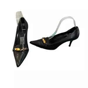 Gucci Vintage Kitten Heels Black Leather Bamboo Horsebit Pointed Toe Shoes 7.5 - Picture 1 of 15