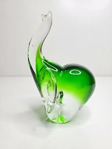 Vintage Crystal Art Glass Elephant Sculpture Figurine Green + Clear Trunk Up - Picture 1 of 8