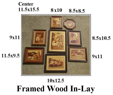 (Lot or 8) Framed Wood Inlay Latin American Art, All Wood, Good Condition Cover