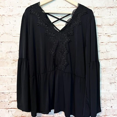maurices womens plus size crochet jersey stretch top bell sleeve size 1X black - Image 1 of 4