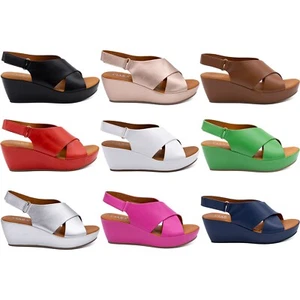 Ladies Women Open Toe Slip On Mid Heel Wedge Hook And Loop Casual Summer Sandals - Picture 1 of 33