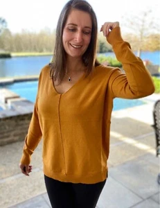 Oversized V Neck Sweater Light Weight Tunic Split Side Mustard Yellow - Picture 1 of 6