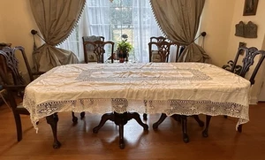 Vintage Italy White Hand Made Delicate  Lace Inset Trim Tablecloth Italian 82” - Picture 1 of 10