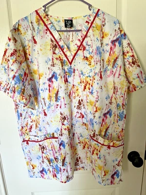 T.D. Scrubs Ladies Scrub Top Size XL Multicolor Abstract Pattern - Image 1 of 4