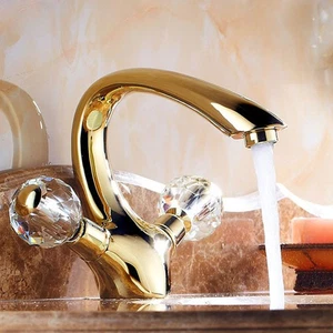 Rubinetto miscelatore lavabo bagno lusso doppio manico cristallo oro - Foto 1 di 4