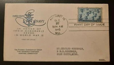 1945 FDC WWII US Navy Cachet Annapolis Maryland Blue Earth Minnesota - Image 1 of 2