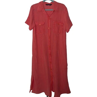 Vestido Camisa Marina Rinaldi Tamanho 12 Maxi Linho Vermelho Bolsos Lavados Botão Frontal - Imagem 1 de 4