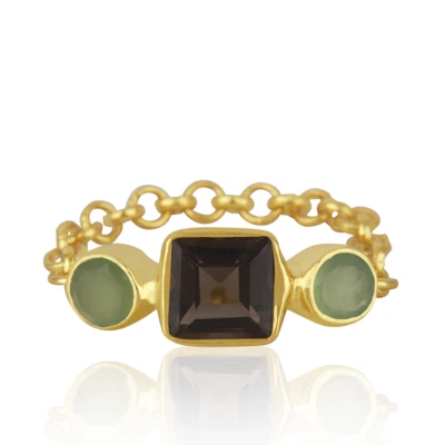 Anel de corrente de pedra tripla delicado e minimalista em quartzo esfumaçado e calcedônia - Imagem 1 de 4