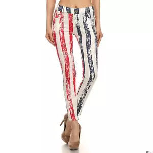 Yelete American Flag Stripe Jeggings Pant Leggings, Red White Blue - Picture 1 of 5