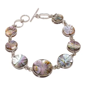 Peacock Color Mother of Pearl Gemstone Handcrafted Engraved Flower Bracelet - Picture 1 of 3