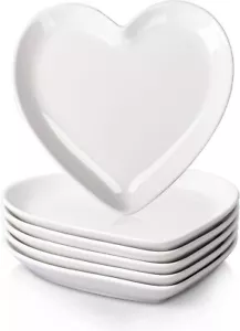Heart Shaped Plates 6 Pack 7.3 In Ceramic White Dinner Dishes Microwave Safe - Picture 1 of 6