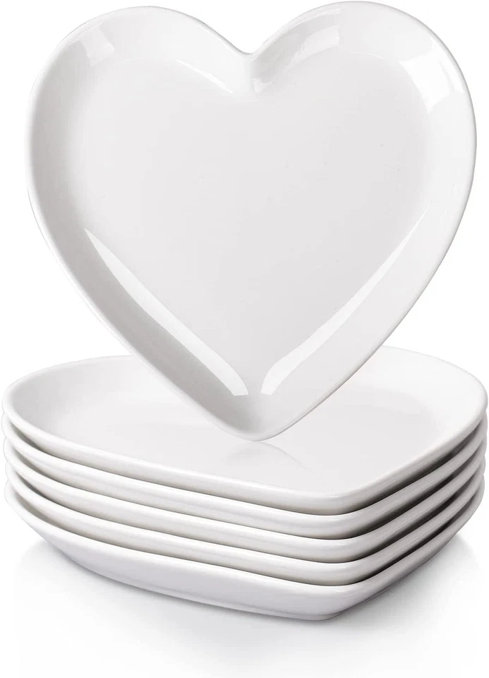 Heart Shaped Plates 6 Pack 7.3 In Ceramic White Dinner Dishes Microwave Safe - Image 1 of 4