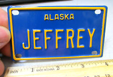 Novelty ALASKA Metal bicycle license plate, 1980s Blue & Gold embossed, JEFFREY