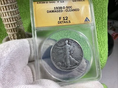 1938 D WALKING LIBERTY HALF 💰 ANACS F12 MINTAGE  491,600 LIGHT CASE SCRATCHES - Image 1 of 4