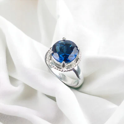 Lindo anillo de piedras preciosas naturales de topacio azul de Londres para mujer de plata de ley 925 regalo Foto 1 de 4