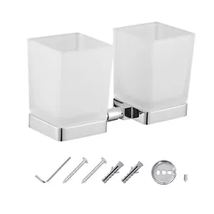 JASSFERRY Wall Mounted Double Toothbrush Tumbler Holder Frosted Glass Square Cup - Picture 1 of 7
