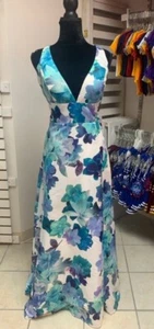 Talla 15/16 Azul Floral Espalda Abierta Baile de graduación Dama de honor Vestido de regreso a casa con bolsillos Nuevo con etiquetas - Imagen 1 de 7