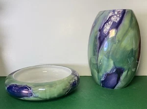 Vintage MAJOLI LINE 80s Vase Trinket Bowl Italy Blue Green Marbled Lustre Effect - Picture 1 of 16