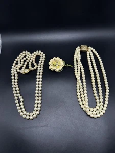 Vintage Pearl Necklace & Brooch Jewelry Lot 3 Pcs - Picture 1 of 9