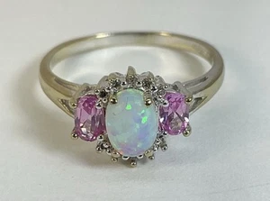 BELLISSIMO ANELLO OPALE - DIAMANTE - TORMALINA ROSA ORO BIANCO 10K MISURA 9 (J1277) - Foto 1 di 6