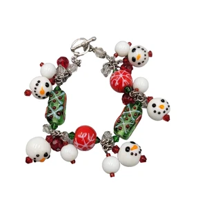 Pulsera de cuentas de vidrio artístico navideño muñeco de nieve tono plata cierre de palanca 7" - Imagen 1 de 10