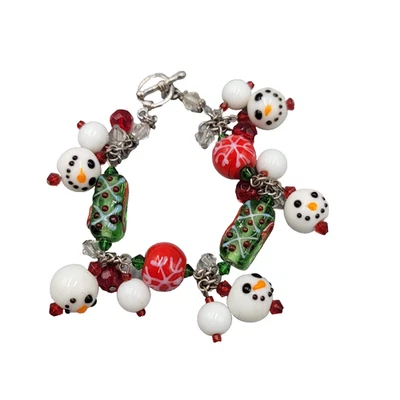 Christmas Art Glass Bead Bracelet Snowman Silver tone Toggle Closure 7" - Image 1 of 4