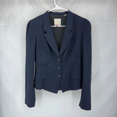 Rebecca Taylor Women 10 Linen Blazer Jacket Cropped Navy Blue Long Sleeve Button - Image 1 of 4