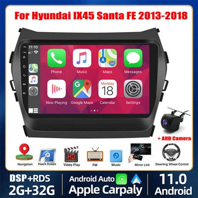 Navegação GPS rádio estéreo Apple Carplay para Hyundai IX45 Santa FE 2013-18 Android 12 - Imagem 1 de 4