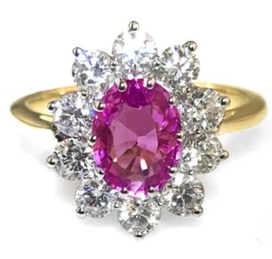 Anillo de compromiso de zafiro rosa natural de 2,50 quilates y diamantes F VS, oro amarillo de 18 quilates - Imagen 1 de 2