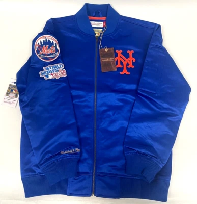 Jaqueta Bombardeiro de Cetim Mitchell & Ness Azul Royal New York Mets Logotipo Vintage Tamanho XL - Imagem 1 de 4