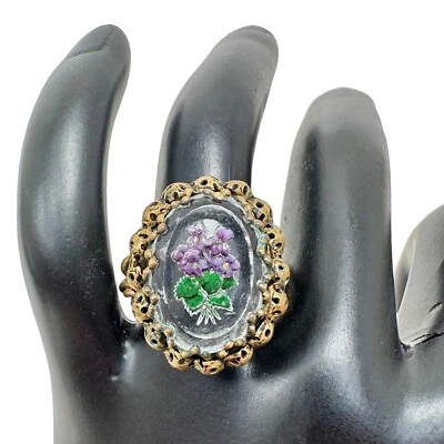 Vtg Painted Glass Intaglio Purple Flower Twisted Band Adjustable Ring W Germany - Image 1 of 4
