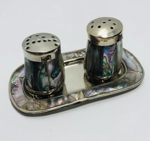 VINTAGE MOTHER OF PEARL HANDMADE Salt & Pepper Shaker Set & Tray - Picture 1 of 9
