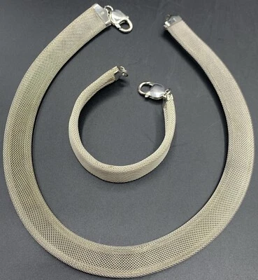 Sterling Silver Mesh Italy Necklace Bracelet Set 17" 7" Vintage Estate - Image 1 of 4