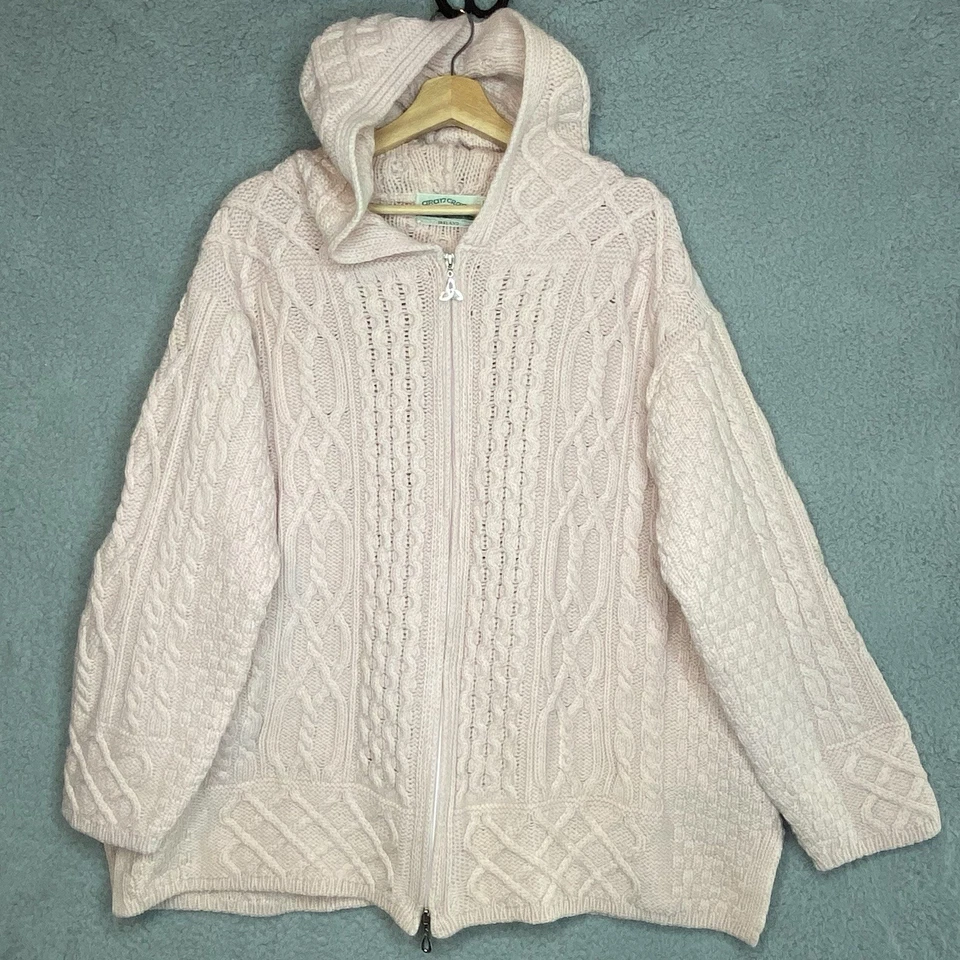 Aran Crafts 2XL Pink Merino Wool Cable Knit Zip Hooded Cardigan Womens Sweater - Image 1 of 4