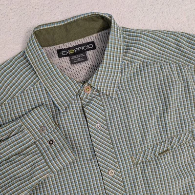 ExOfficio Men's L Air Strip L/S Vented Blue Green Check Shirt Nylon Blend - Image 1 of 4