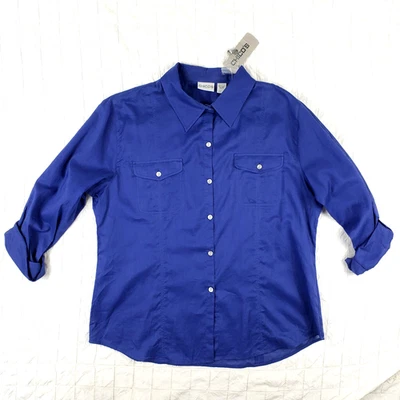 NUEVO Chicos 2 Mujer GRANDE Púrpura Transparente Algodón Pestaña Enrollable Blusa Danielle LS Camisa Foto 1 de 4