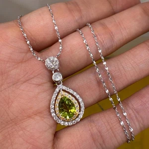 925 Sterling Silver Necklace 8x5mm Natural Peridot Gemstone Zircon Teardrop Gift - Picture 1 of 10