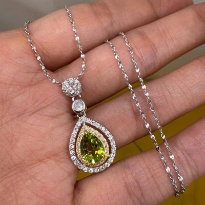 925 Sterling Silver Necklace 8x5mm Natural Peridot Gemstone Zircon Teardrop NEW - Image 1 of 4