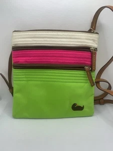 Dooney Bourke Crossbody Shoulder Bag Triple Zip Nylon Leather Strap Green Pink - Picture 1 of 14
