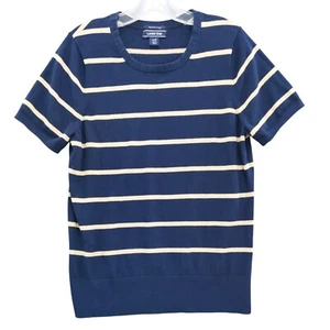 Lands' End Striped Supima Cotton Short Sleeve Sweater Top Blue Beige L/T - Picture 1 of 7