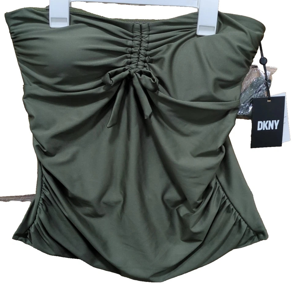 DKNY Bandeau Tankini Swim Top Women's Large Bow Moss Green ZZ3