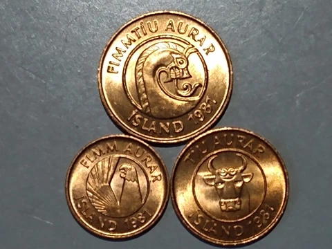 1981 ICELAND 5 10 & 50 AURAR BRONZE (3 COINS) ANIMALS UNC BU Cover