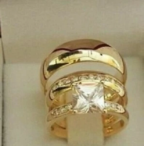 Juego de trío de boda nupcial diamante simulado princesa 2 quilates acabado oro amarillo - Imagen 1 de 7