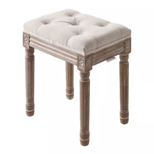 Dressing Table Stool Vintage Brushed Distressed Wooden Legs Button Padded Seat - Picture 1 of 12