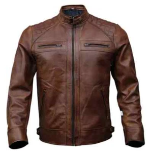 Café Racer Men Leather Jacket Brown Biker Genuine Sheep skin Leather - Picture 1 of 5