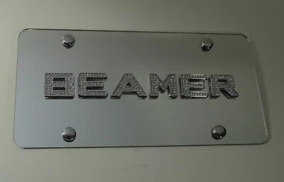BEAMER Chrome License Plate Tag w/ Swarovski Iced Out Crystal Emblems - Image 1 of 4