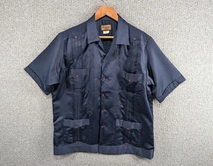 Chamizzo Alvarez Navy Blue Satin Guayabera Yucatan Embroidered Button Shirt XL - Picture 1 of 9