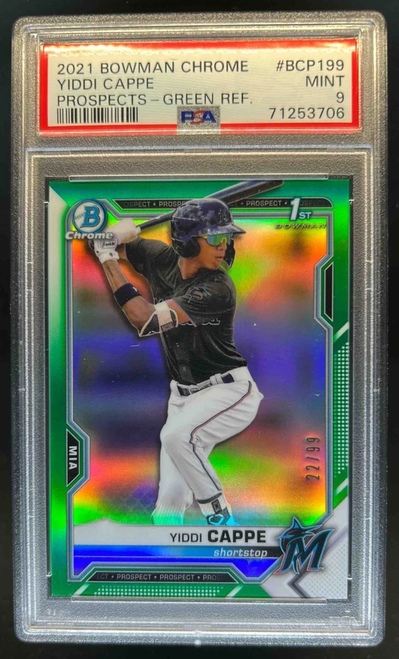 2021 Bowman Chrome Yiddi Cappe Green Refractor 1st Prospect #22/99 Marlins PSA 9 - Image 1 of 2