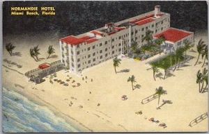 Vintage 1940s MIAMI BEACH Florida Postcard NORMANDIE HOTEL Artist's View / Linen - Picture 1 of 2
